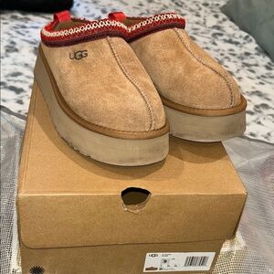 UGG Chestnut Suede Platform Mules with Red Trim